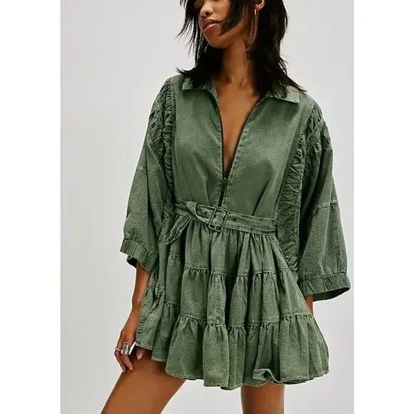 Free People Hampton Belted Mini Dress Crystal Kelp Cotton Size Medium NWOT Chic Mini